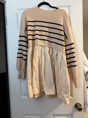Beige Striped Sweater Dress with Cream Skirt